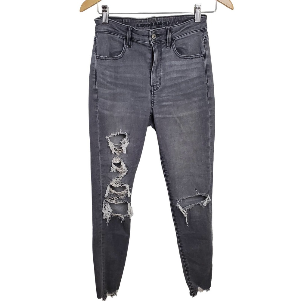 AMERICAN EAGLE | SUPER HIGH RISE JEGGING DESTROYED GRAY WASHED STRETCH RAW HEM 4